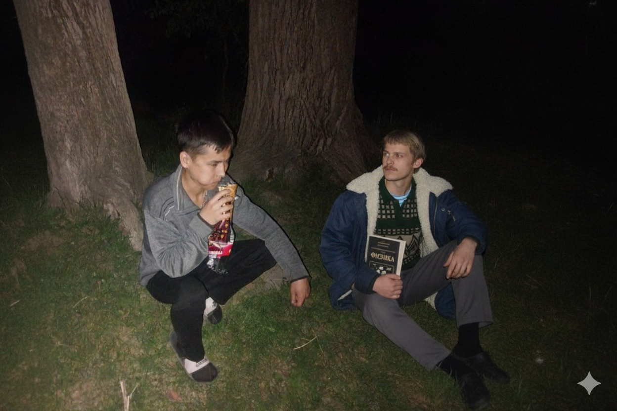 Эльдан и Вова Адидас сидят на траве